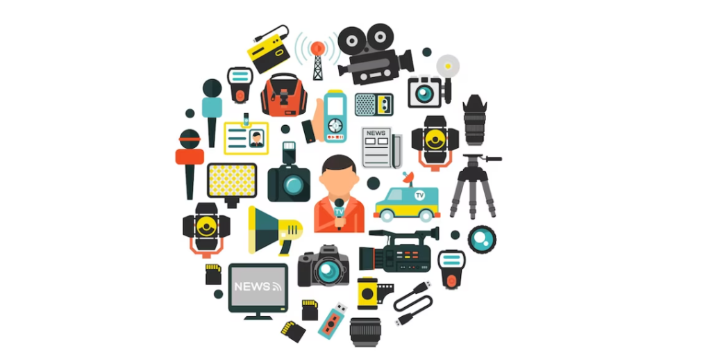 Circular arrangement of media icons: cameras, gadgets, reporter, and broadcasting tools